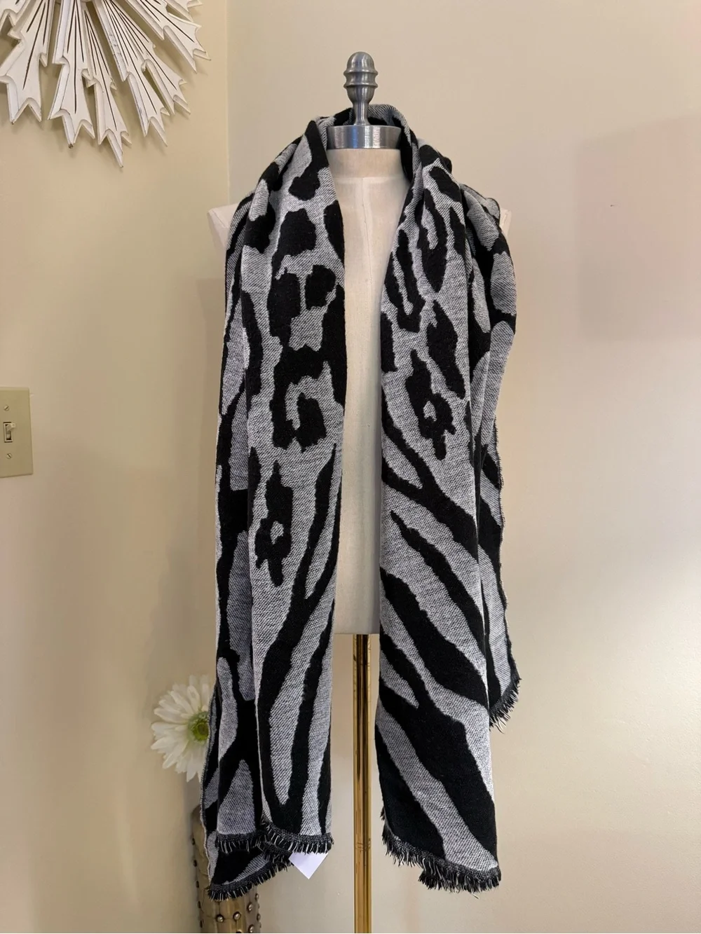 Express Black and White Animal Print Striped Knit Scarf